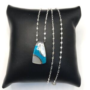 925 Sterling Silver Turquoise And Mother of Pearl Mosaic Inlay Pendant Necklace